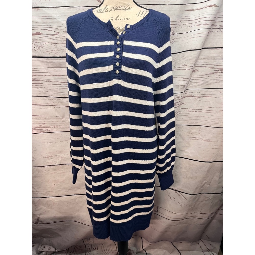 Sonoma Goods For Life Womens Striped Henley Sweater Dress Navy Blue White Medium